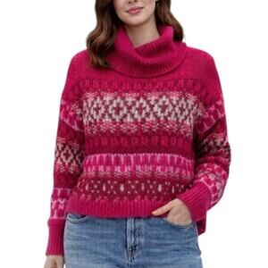 Universal Thread Women’s Size Large Fair Isle Hot Pink Red Turtleneck Sweater